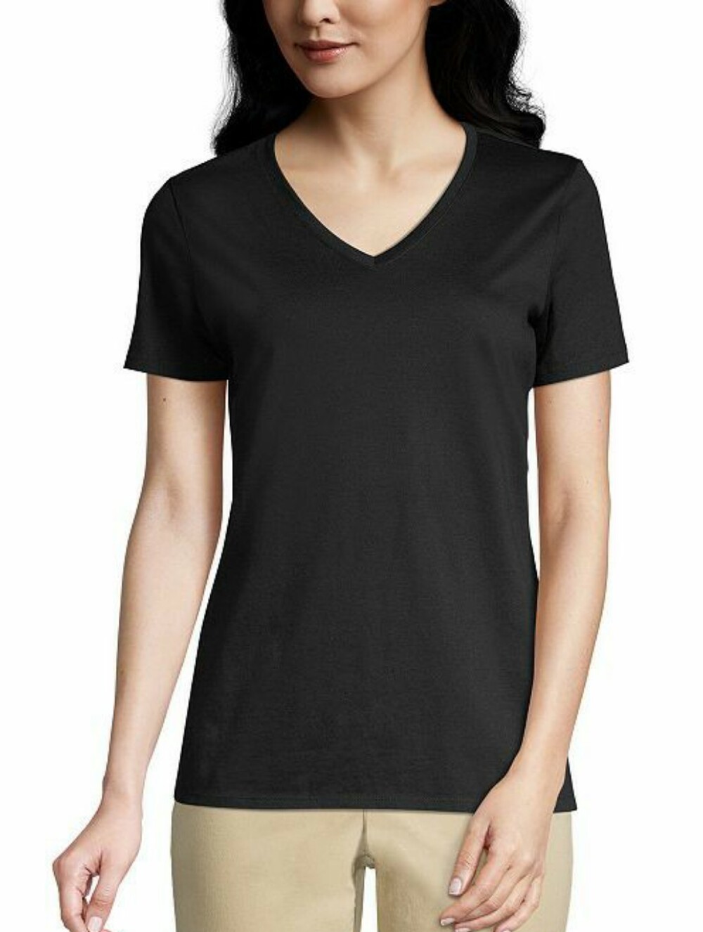 Lands End Supima Cotton Relaxed Fit V Neck T Shirt Black Size Large 14 - 16